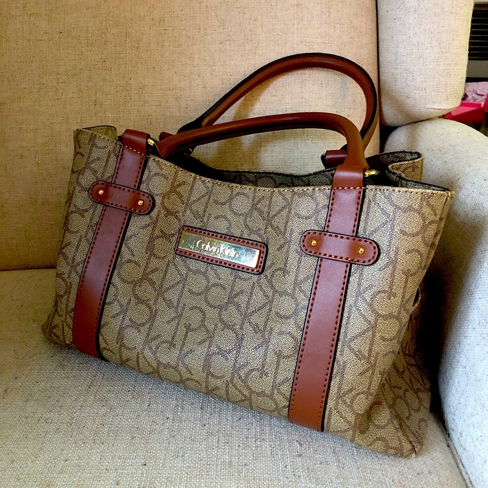 Lightly Used Calvin Klien Monogram Print Satchel Purse/Handbag Taupe/Brown